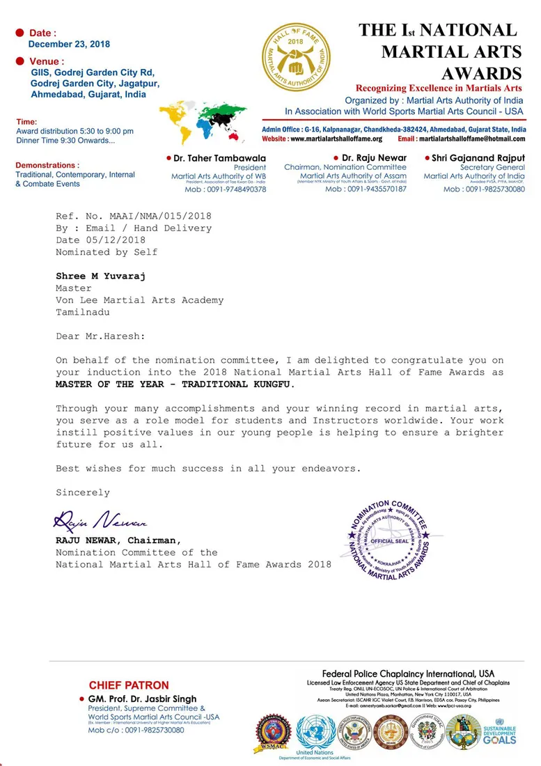 Vonlee Martial Arts Academy award and certification 1